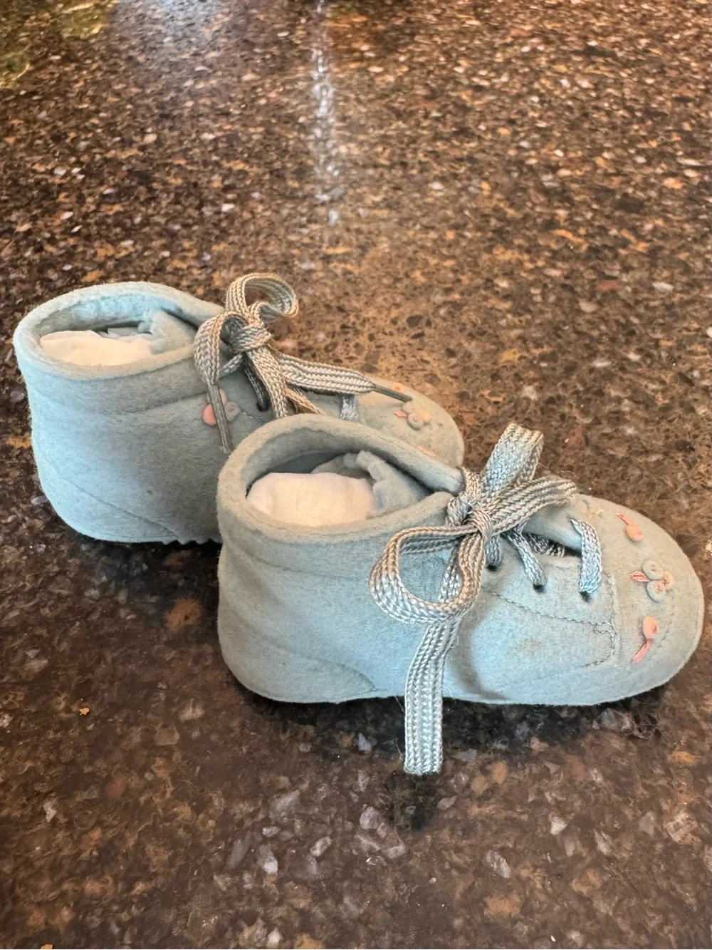 Vintage 1950’s Light Blue Wool Baby Booties with Pink Floral Hand Embroidery